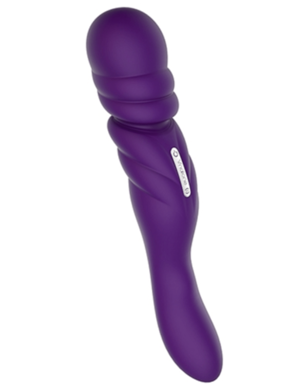 Purple silicone vibrator wand on white background